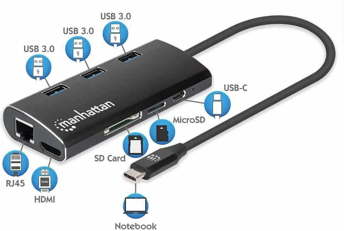Adapteris USB Manhattan MANHATTAN USB -C 3.2 Gen 1-Adapteris,HDMI,USB,USB-C-PD,RJ45,SD