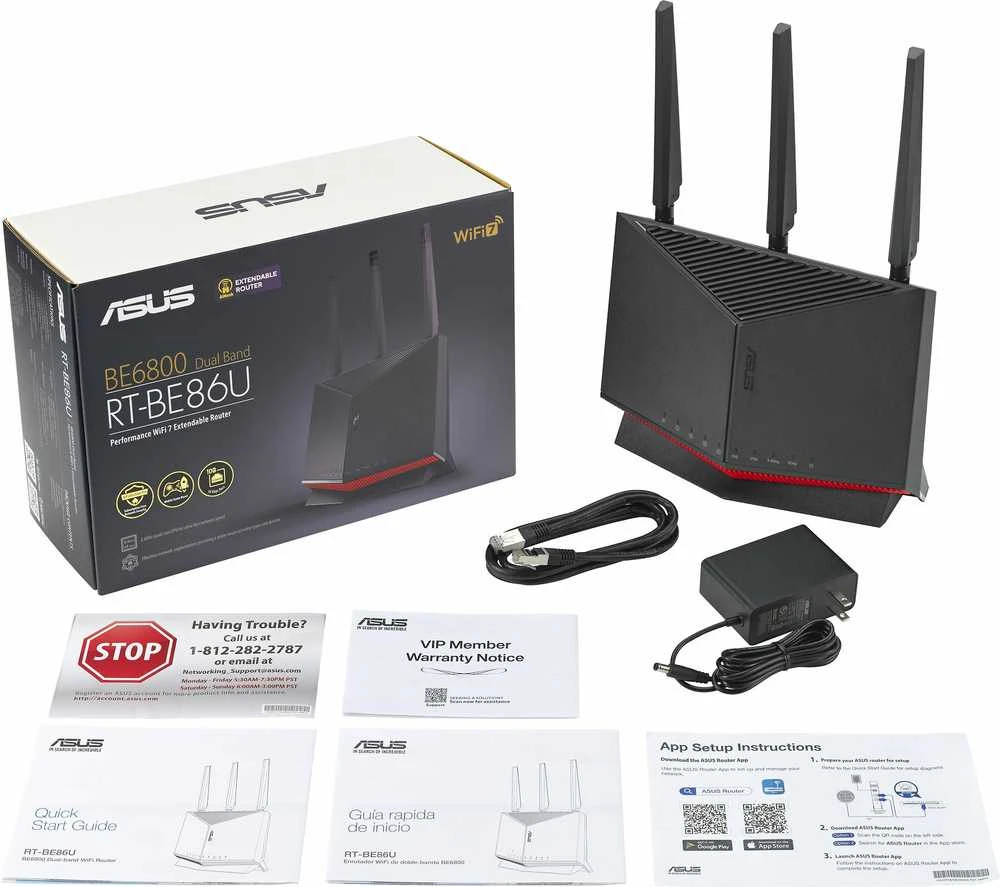 Asus | Belaidis „Wi-Fi 7“ dviejų dažnių gigabito maršrutizatorius | RT-BE86U | 802.11be | 6800 Mb/s | Ethernet LAN (RJ-45) jungtys 5 | Tinklo palaikymas: Taip | MU-MiMO: Ne | 4G/5G | Antenos tipas: Išorinė/Vidinė | 2