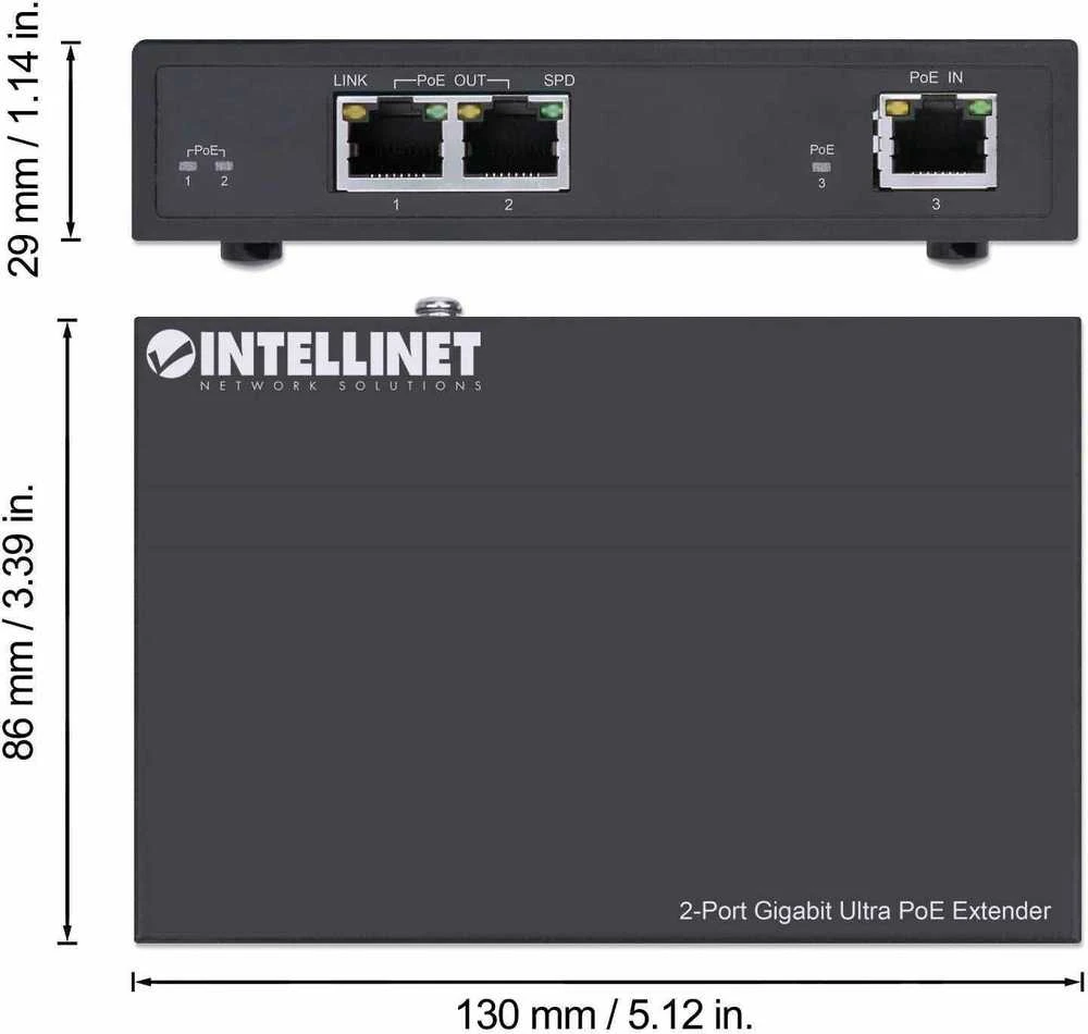 Intracom INTELLINET 2-port Gigabit Ultra PoE plėstuvas Prideda iki 100m 328ft prie PoE diapazono PoE maitinimo biudžeto 60W 2x PSE prievadai IEEE 802.3bt/at/af