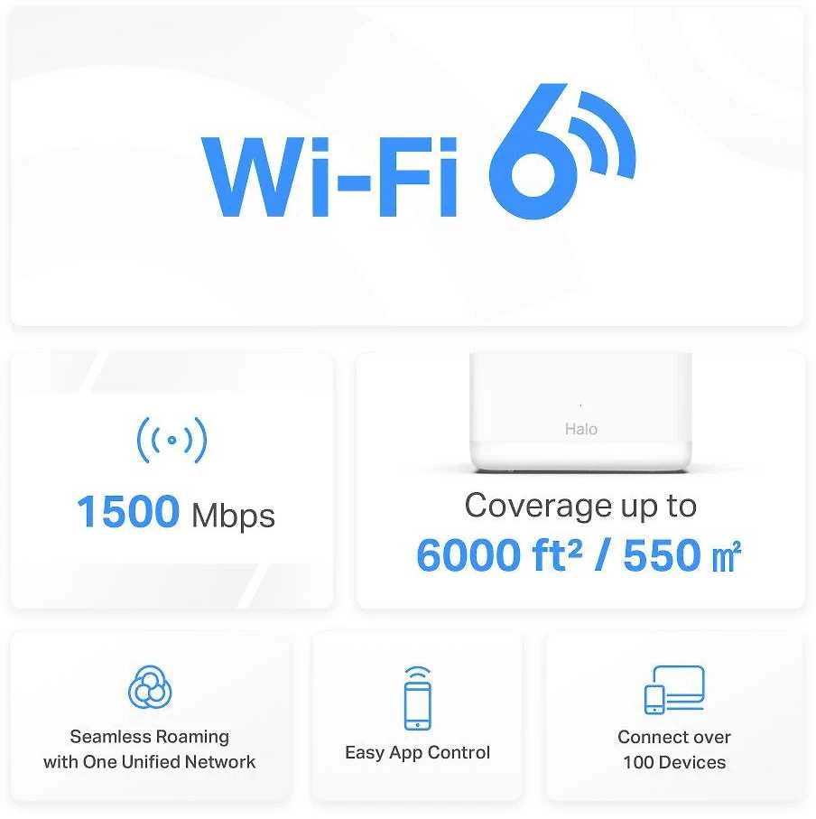 Maršrutizatorius „Mercusys“ | AX1500 viso namo tinklelio „Baltas WiFi 6“ sistema | „Halo H60X“ (3 vnt. pakuotė) | 802.11ax | 10/100/1000 Mbit/s | Ethernet LAN (RJ-45) jungtys 1 | Tinklo palaikymas: Taip | MU-MiMO: Taip | Ne, mobilusis plačiajuostis ryšys: