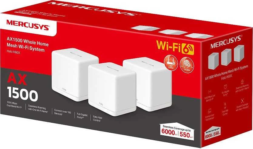 Maršrutizatorius „Mercusys“ | AX1500 viso namo tinklelio „Baltas WiFi 6“ sistema | „Halo H60X“ (3 vnt. pakuotė) | 802.11ax | 10/100/1000 Mbit/s | Ethernet LAN (RJ-45) jungtys 1 | Tinklo palaikymas: Taip | MU-MiMO: Taip | Ne, mobilusis plačiajuostis ryšys:
