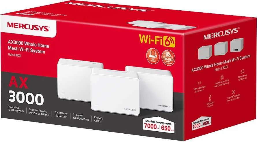 Maršrutizatorius Mercusys | AX3000 viso namo tinklelio „WiFi 6“ sistema su „PoE“ | „Halo H80X“ (3 vnt. pakuotė) | 802.11ax | 574+2402 Mbit/s | 10/100/1000 Mbit/s | Ethernet LAN (RJ-45) jungtys 3 | Tinklo palaikymas: Taip | MU-MiMO: Taip | Ne, mobilusis plačiajuostis ryšys | Antenos tipas: Vidinė