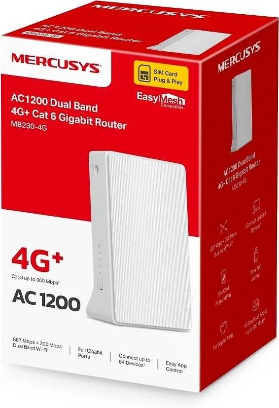 Mercusys | Wireless Dual Band Gigabit Maršrutizatorius | MB230-4G | 300 Mbit/s | 10/100/1000 Mbit/s | Ethernet LAN (RJ-45) jungtys 2 | 4G + | Antenna type Internal | 36 mėn.