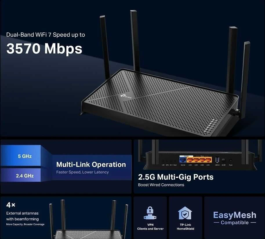 Maršrutizatorius TP-Link Archer BE230 | Wi-Fi 7 | 802.11be | 3570 Mbit/s