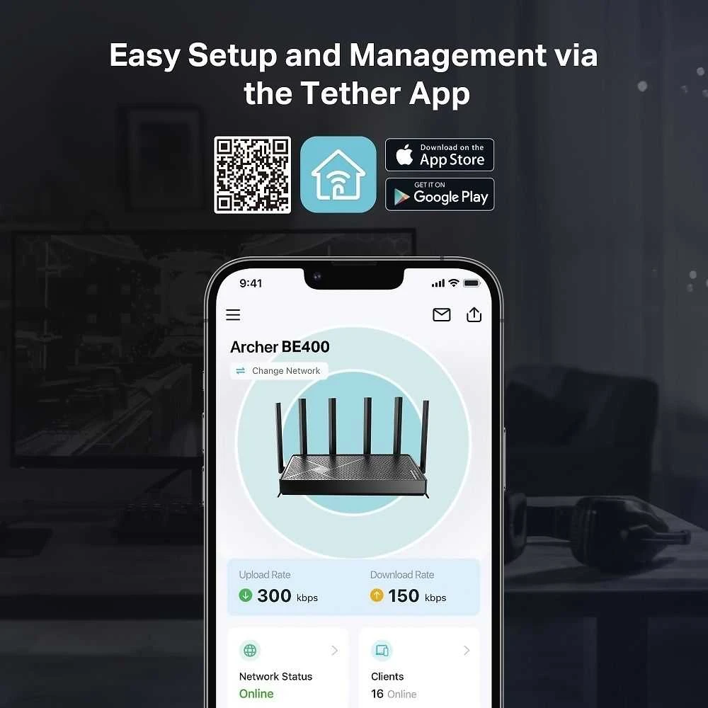 TP-LINK | Archer BE400 BE6500 dviejų dažnių „Wi-Fi“ 7 maršrutizatorius | 802.11ax | Ethernet LAN (RJ-45) jungtys 4 | Mesh palaikymas: Taip | MU-MiMO: Taip | Ne, mobilusis plačiajuostis ryšys: | Antenos tipas: Išorinė