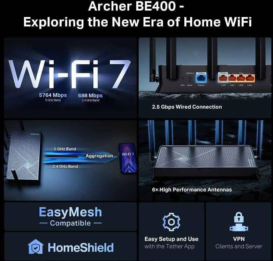 TP-LINK | Archer BE400 BE6500 dviejų dažnių „Wi-Fi“ 7 maršrutizatorius | 802.11ax | Ethernet LAN (RJ-45) jungtys 4 | Mesh palaikymas: Taip | MU-MiMO: Taip | Ne, mobilusis plačiajuostis ryšys: | Antenos tipas: Išorinė