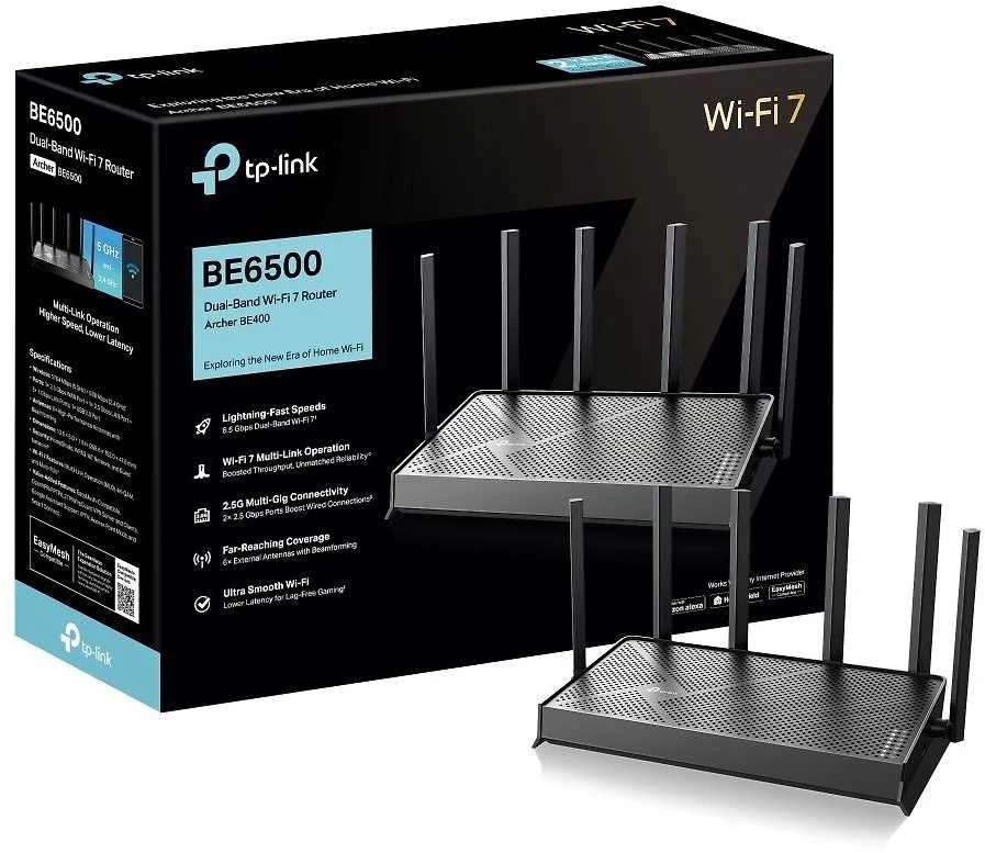 TP-LINK | Archer BE400 BE6500 dviejų dažnių „Wi-Fi“ 7 maršrutizatorius | 802.11ax | Ethernet LAN (RJ-45) jungtys 4 | Mesh palaikymas: Taip | MU-MiMO: Taip | Ne, mobilusis plačiajuostis ryšys: | Antenos tipas: Išorinė