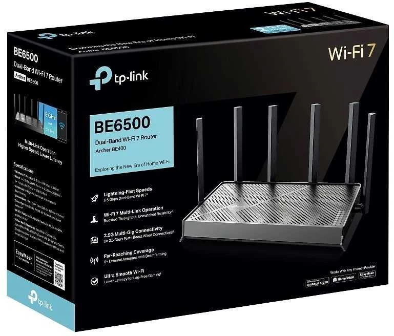 TP-LINK | Archer BE400 BE6500 dviejų dažnių „Wi-Fi“ 7 maršrutizatorius | 802.11ax | Ethernet LAN (RJ-45) jungtys 4 | Mesh palaikymas: Taip | MU-MiMO: Taip | Ne, mobilusis plačiajuostis ryšys: | Antenos tipas: Išorinė