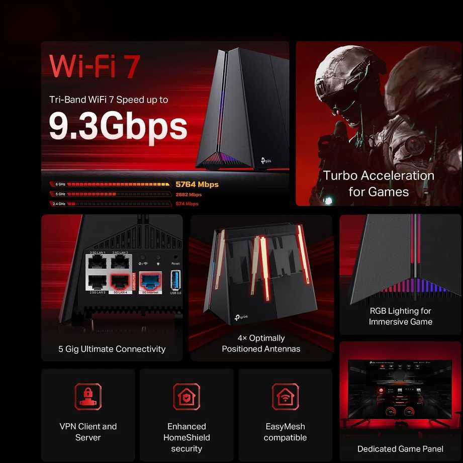Maršrutizatorius TP-Link Archer GE550 Gaming-router, Tri-Band WiFi 7, 9.220 Mbit/s, Mesh, RGB - juodas