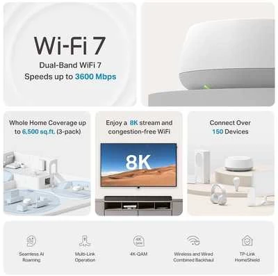 Maršrutizatorius TP-LINK | BE3600 viso namo tinklelio „Whole Home Mesh WiFi 7“ sistema (2 vnt. pakuotė) | Deco BE22 | 802.11ax | Ethernet LAN (RJ-45) jungtys 2 | Tinklo palaikymas: Taip | MU-MiMO: Ne | Nėra mobiliojo plačiajuosčio ryšio