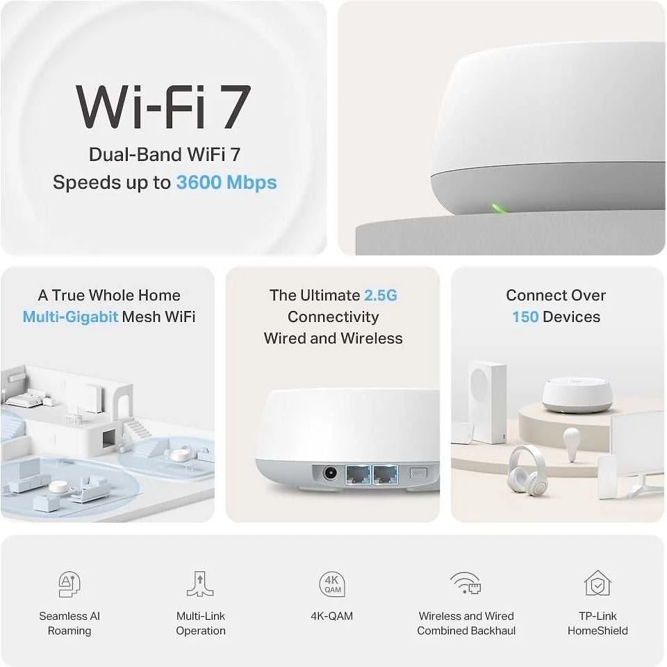 Maršrutizatorius TP-LINK | BE3600 viso namo tinklelio „Wi-Fi 7“ sistema | „Deco BE25“ (3 vnt. pakuotė) | 802.11be | 2882 Mb/s | Ethernet LAN (RJ-45) jungtys 1 | Tinklo palaikymas: Taip | MU-MiMO: Ne | Nėra mobiliojo plačiajuosčio ryšio