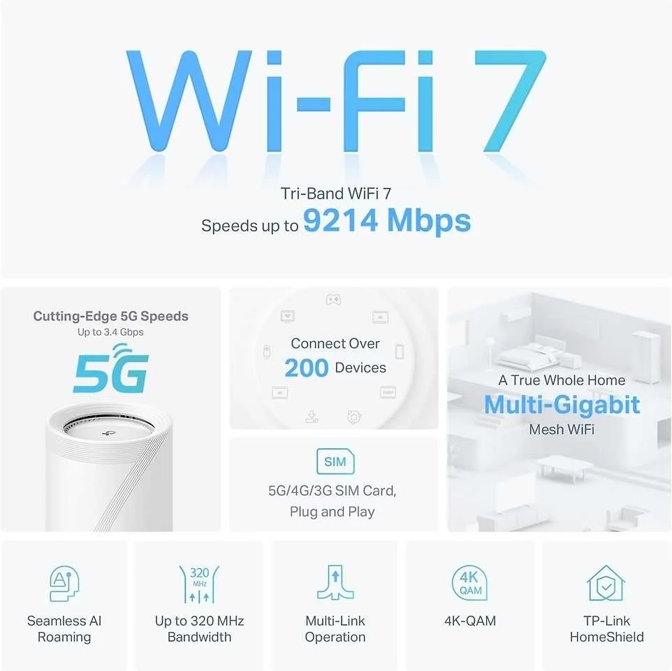 Maršrutizatorius TP-Link Deco BE65-5G WiFi 7 Mesh sistema 5G BE11000 Tri-Band, 3x 2.5 GbE LAN/WAN