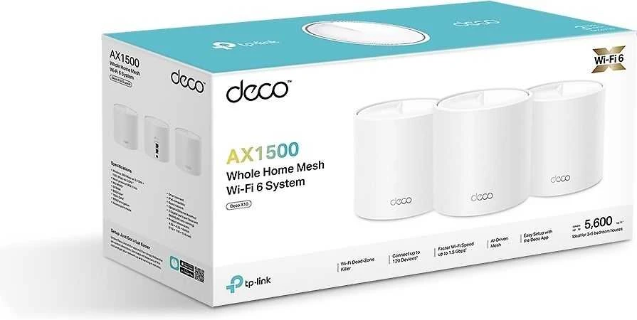Maršrutizatorius TP-LINK | AX1500 viso namo tinklelio „Wi-Fi 6“ sistema | „Deco X10“ (3 vnt. pakuotė) | 802.11ax | 10/100/1000 Mbit/s | Ethernet LAN (RJ-45) jungtys: 1 | Tinklo palaikymas: Taip | MU-MiMO: Taip | Ne, mobilusis plačiajuostis ryšys: | Antenos tipas: Vidinė