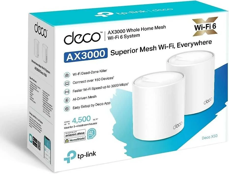 Maršrutizatorius TP-LINK | Visų namų tinklelio „Wi-Fi 6“ sistema | „Deco X50“ (2 vnt. pakuotė) | 802.11ax | 574+2402 Mb/s | Ethernet LAN (RJ-45) jungtys 3 | Tinklo palaikymas: Taip | MU-MiMO: Taip | Ne, mobilusis plačiajuostis ryšys: | Antenos tipas: Vidinė