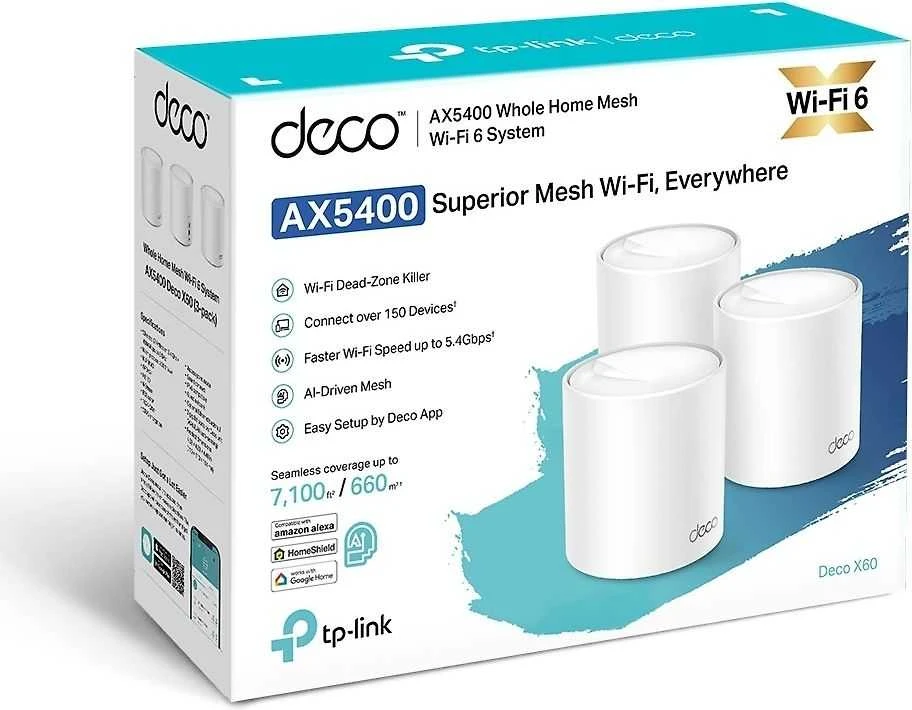 Maršrutizatorius TP-LINK | AX3000 viso namo tinklelio „Wi-Fi 6“ sistema | „Deco X60“ (3 vnt. pakuotė) | 802.11ax | 575+2400 Mbit/s | Ethernet LAN (RJ-45) jungtys 2 | Tinklo palaikymas: Taip | MU-MiMO: Taip | Antenos tipas: Vidinė