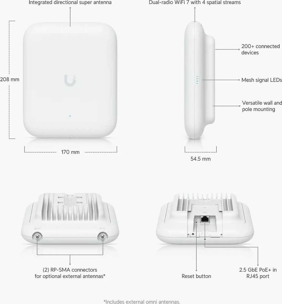 Ubiquiti prieigos taškas | U7 Lauko | 2,4–5 GHz | 2500 Mbit/s | Ethernet LAN (RJ-45) jungtys 1 | MU-MiMO Taip | PoE į | Antenos tipas Išorinė
