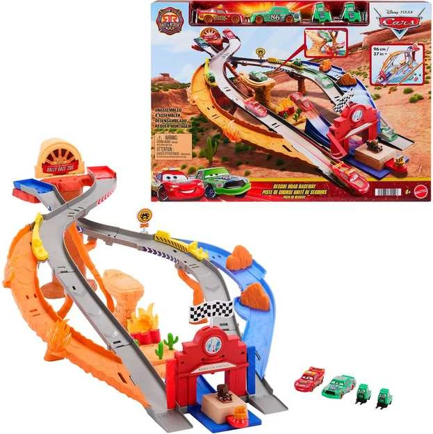 Mattel „Disney Cars“ – Radiator Springs lenktynių ir gelbėjimo gelbėjimo kelio lenktynių rinkinys su 4 žaisliniais automobiliais (JFL57)