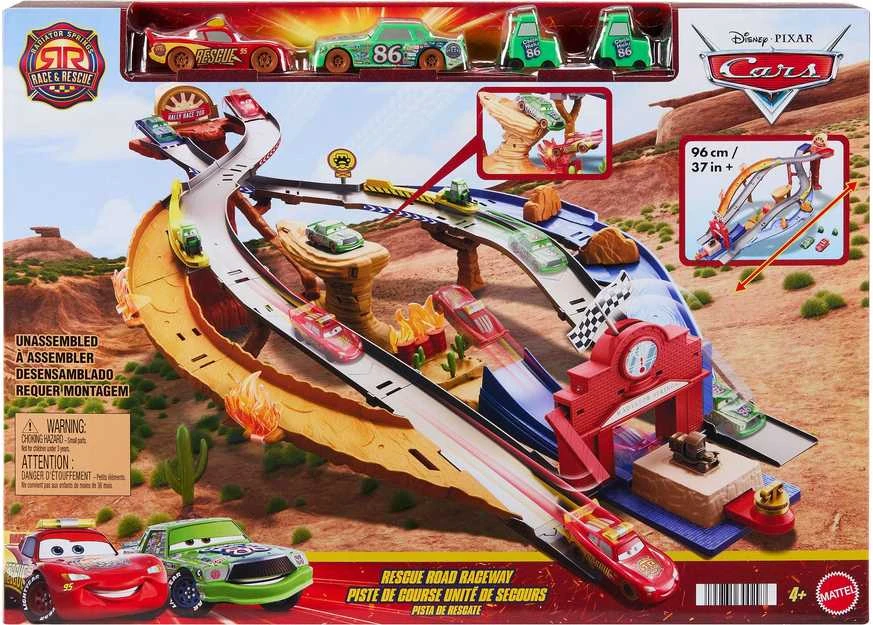 Mattel „Disney Cars“ – Radiator Springs lenktynių ir gelbėjimo gelbėjimo kelio lenktynių rinkinys su 4 žaisliniais automobiliais (JFL57)