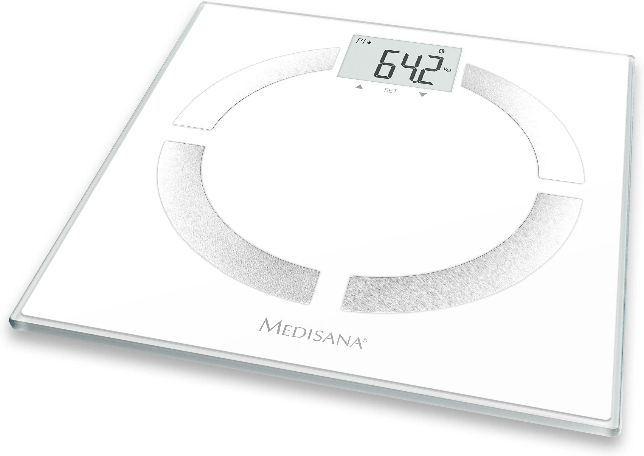 Medisana BS 444 kūno analizės svarstyklės, nerūdijančio plieno, Bluetooth | Medisana | BS 444 | Automatinis išjungimas | Kūno riebalų analizė | Kūno masės indekso (KMI) matavimas | Kūno vandens procentas | Kaulų masės analizė | Maksimalus svoris (keliamoji galia) 180 kg | Atminties funkcija | Keli vartotojai | Kūno skalė