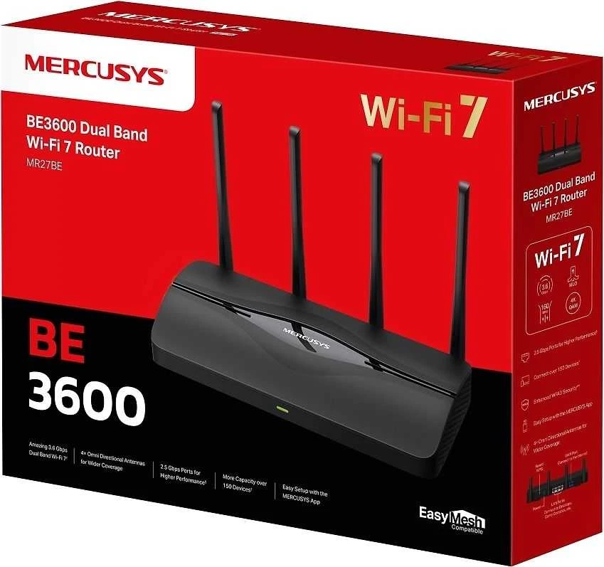 Mercusys | BE3600 Dual-Band Wi-Fi 7 Maršrutizatorius | MR27BE | 802.11be | 2880 Mbit/s | Ethernet LAN (RJ-45) jungtys 3 | Mesh Support Yes | MU-MiMO No | No mobile broadband