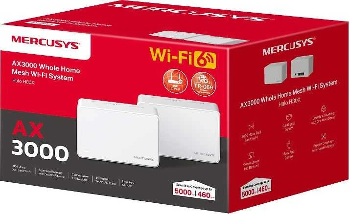 Mercusys | AX3000 viso namo tinklelio „Baltas WiFi 6“ sistema su PoE | „Halo H80X“ (2 vnt.) | 802.11ax | 574+2402 Mbit/s | 10/100/1000 Mbit/s | Ethernet LAN (RJ-45) jungtys 3 | Tinklo palaikymas: Taip | MU-MiMO: Taip | Ne, mobilusis plačiajuostis ryšys | Antenos tipas: Vidinė