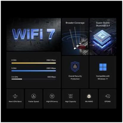 MERCUSYS MA37BE WiFi7 PCIe adapteris (BE6500, 2,4GHz/5GHz/6GHz, Bluetooth 5.4)