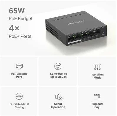 Šakotuvas Mercusys MS105GP 5-porttinen PoE+-kytkin
