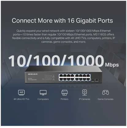 Šakotuvas Mercusys MS116GS Network Switch Juodas