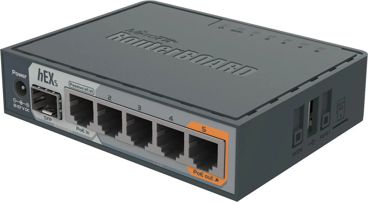 Šakotuvas „MikroTik“ laidinio Ethernet maršrutizatorius RB760iGS, hEX S, dviejų branduolių 880MHz procesorius, 256 MB RAM, 16 MB („MicroSD“), 5xGigabit LAN, 1xSFP, USB, IPsec aparatinės įrangos šifravimo palaikymas ir „The Dude“ serverio paketas, PCB temperatūros ir įtampos monitorius, „Beeper“, „RouterOS L4“ | MikroTik | Ethernet maršrutizatorius hEX S | RB760iGS | Nėra „Wi-Fi“ | 10/100/1000 Mbit/s | Ethernet LAN (RJ-45) jungtys 5 | Mesh palaikymas: Ne | MU-MiMO: Ne | Nėra mobiliojo plačiajuosčio ryšio | Antenos tipas: Ne | 1 | 12 mėn.