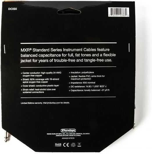MXR instrumentų kabelio pakuotės nugarėlė su specifikacijomis