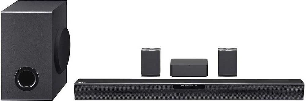 Namų kino sistema LG SQC4R garso juosta - Belaidis žemųjų dažnių garsiakalbis ir galiniai garsiakalbiai - 4,1 - 220 W - Dolby Digital - Bluetooth - Juodas