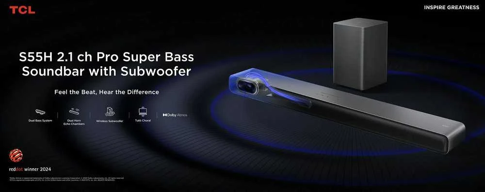 Namų kino sistema TCL S S55H 2.1 klasės kanalų garso juosta su „Dolby Atmos“, belaidžiu žemųjų dažnių garsiakalbiu ir „Bluetooth“ muzikos transliacija