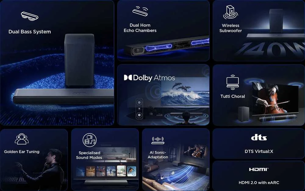 Namų kino sistema TCL S S55H 2.1 klasės kanalų garso juosta su „Dolby Atmos“, belaidžiu žemųjų dažnių garsiakalbiu ir „Bluetooth“ muzikos transliacija