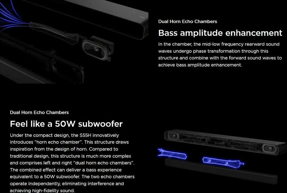 Namų kino sistema TCL S S55H 2.1 klasės kanalų garso juosta su „Dolby Atmos“, belaidžiu žemųjų dažnių garsiakalbiu ir „Bluetooth“ muzikos transliacija