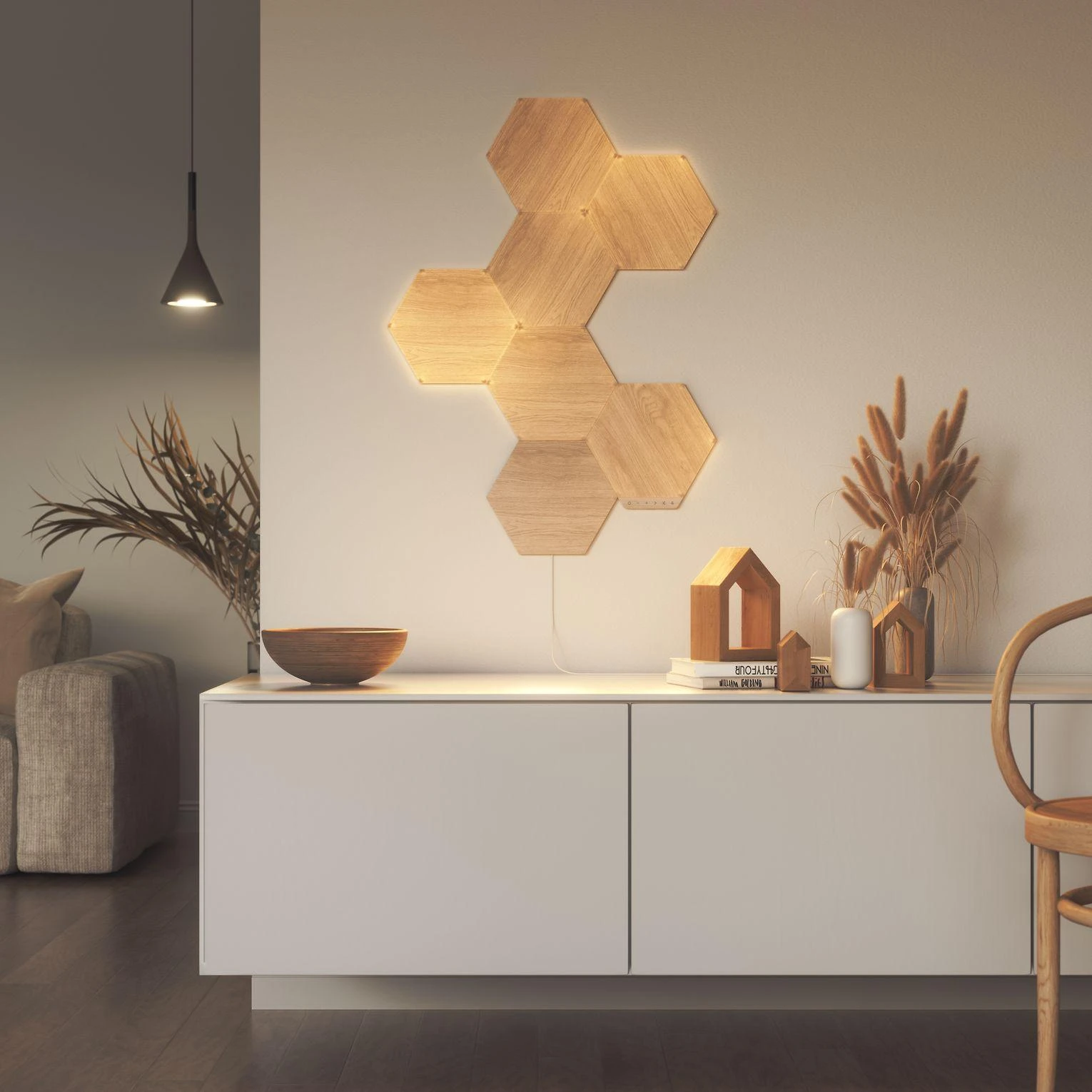 Sieninis šviestuvas Nanoleaf | Elementų medžio išvaizdos šešiakampių pradinis rinkinys (7 panelės) | Šaltos Baltos + Šiltos Baltos