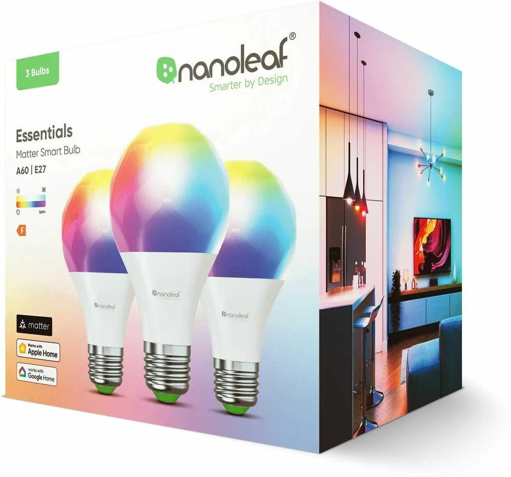 Nanoleaf Essentials Smart A60 lemputė E27 Matter 9W 806Lm RGBCW 2700-6500K, 3vnt pakuotė | E27 | 8,5 W | RGBCW | Bluetooth, siūlai