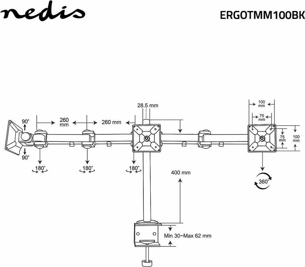 Nedis Triple Monitorius Mount – Stalinis laikiklis nuo 14 iki 24 colių, skirtas trims ekranams