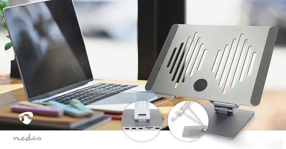 Nedis kannettavan tietokoneen jalusta USB-hubilla, hopea