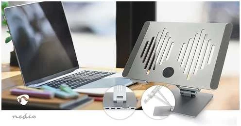 Nedis kannettavan tietokoneen jalusta USB-hubilla, hopea