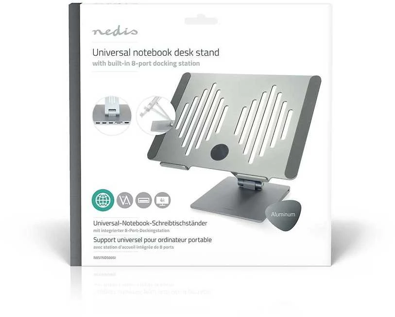 Nedis kannettavan tietokoneen jalusta USB-hubilla, hopea