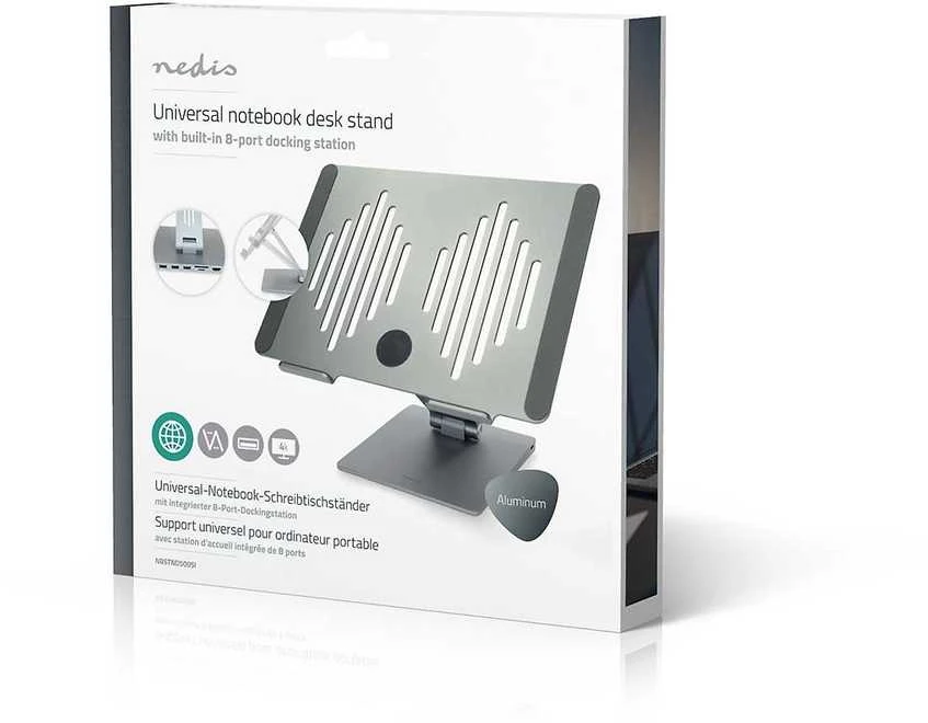 Nedis kannettavan tietokoneen jalusta USB-hubilla, hopea
