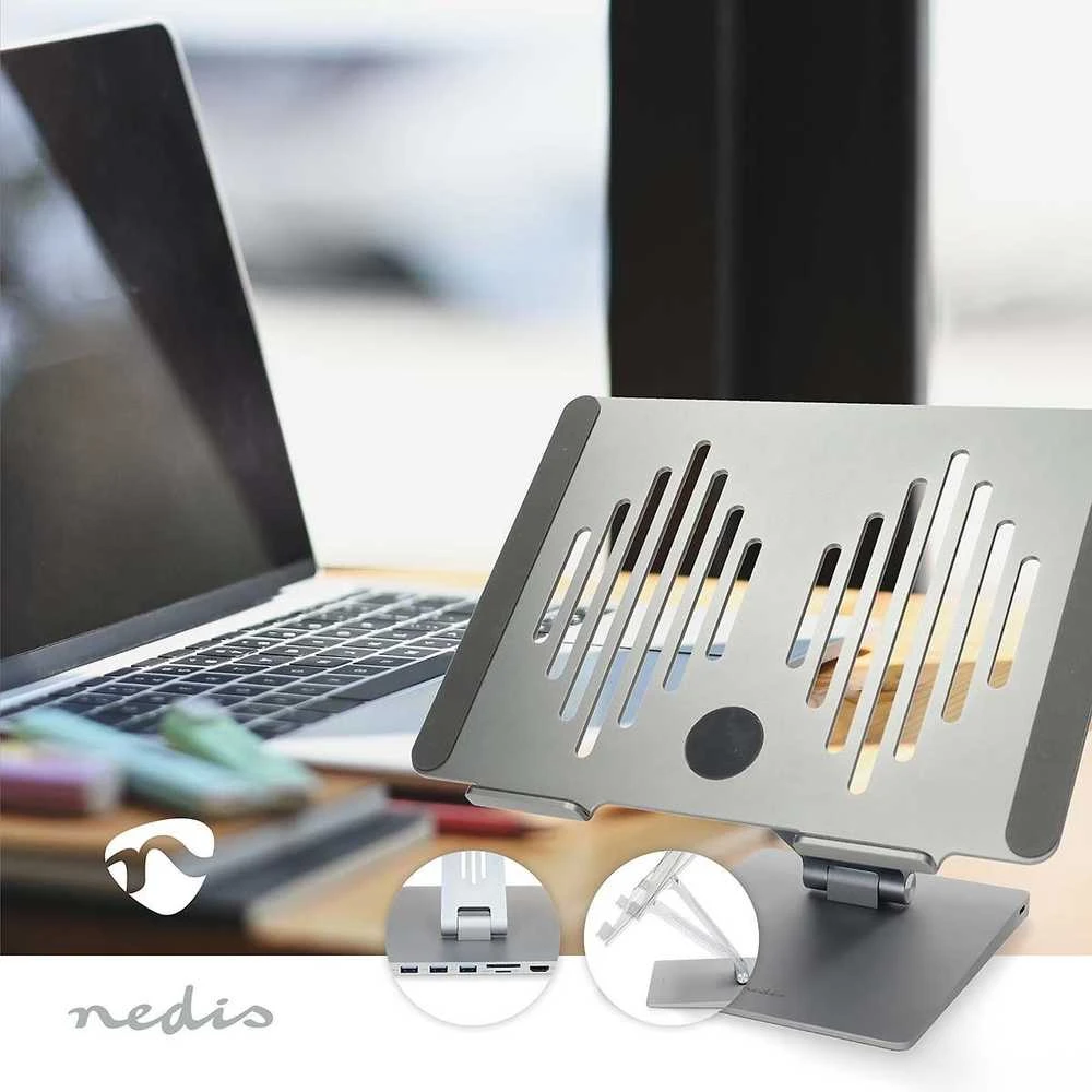 Nedis kannettavan tietokoneen jalusta USB-hubilla, hopea