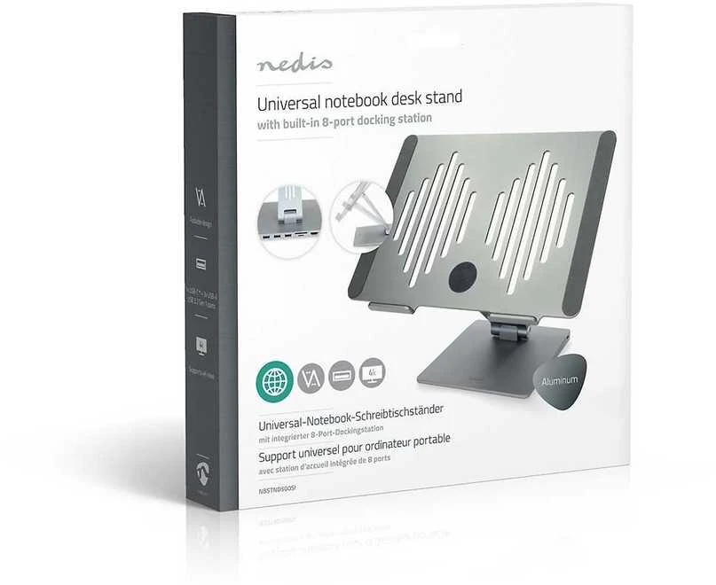 Nedis kannettavan tietokoneen jalusta USB-hubilla, hopea