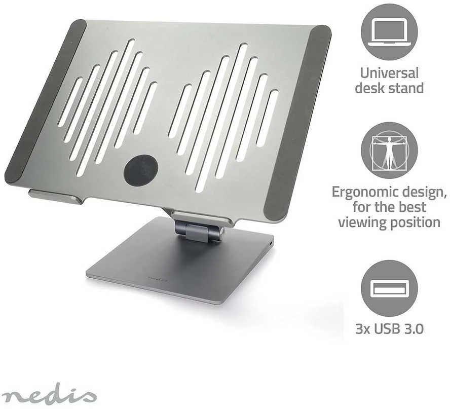 Nedis kannettavan tietokoneen jalusta USB-hubilla, hopea
