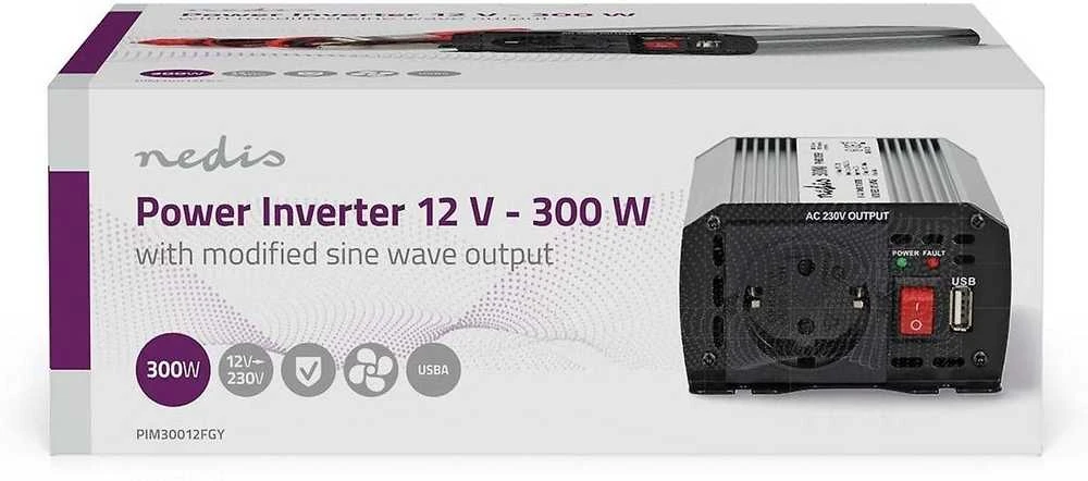 Nedis PIM30012FGY invertteri, 12 V, 300 W, muokattu siniaalto