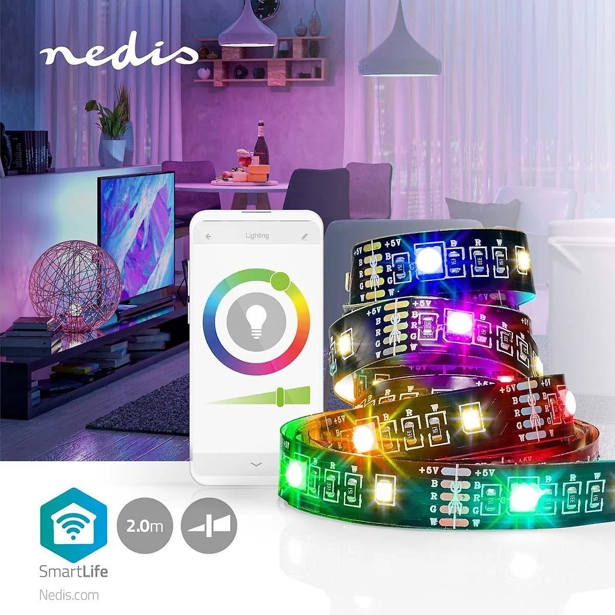 Nedis „Smartlife“ visos spalvos LED juostelė – „Bluetooth“, RGB, šiltai balta, 2000 mm, IP20, 2700K