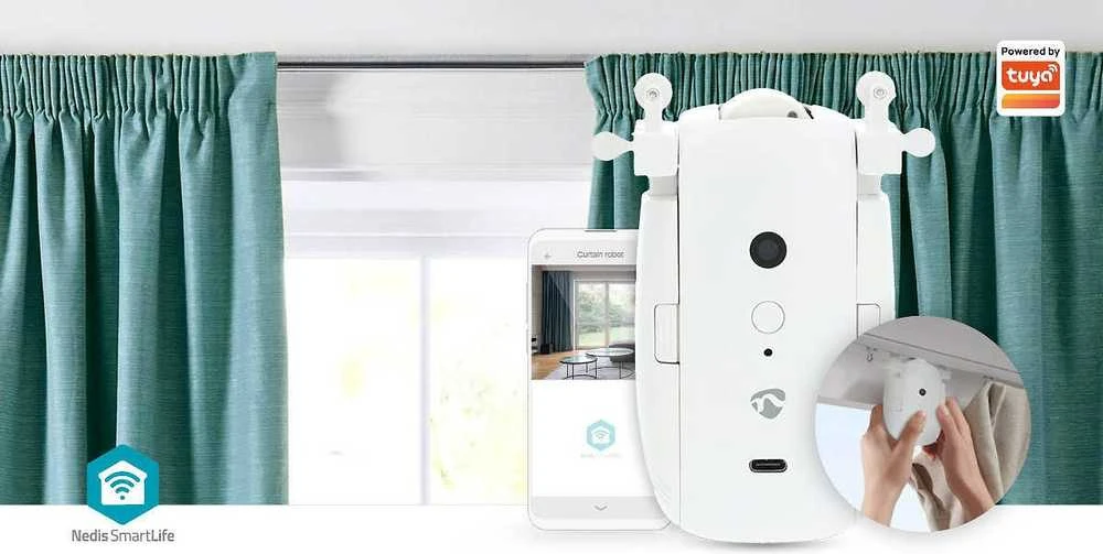 Nedis Vorhang Roboter Kabelanlage / U-Schiene | Horizontale Vorhänge | Batteriebetrieben / Stromversorgung über USB | 4000 mAh | Bluetooth® | Weiss
