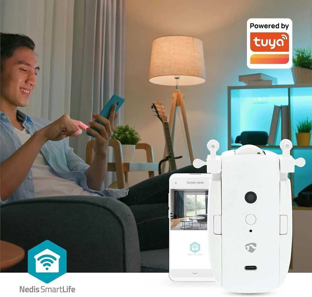 Nedis Vorhang Roboter Kabelanlage / U-Schiene | Horizontale Vorhänge | Batteriebetrieben / Stromversorgung über USB | 4000 mAh | Bluetooth® | Weiss