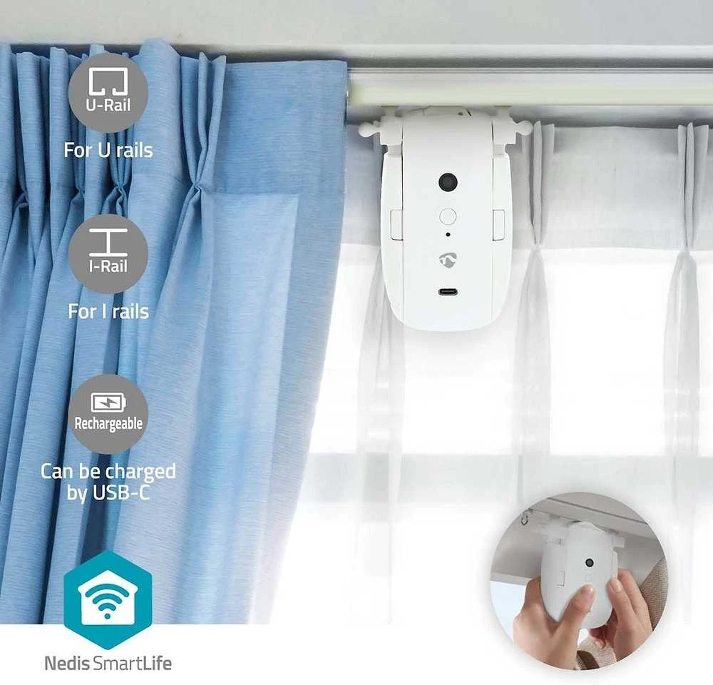 Nedis Vorhang Roboter Kabelanlage / U-Schiene | Horizontale Vorhänge | Batteriebetrieben / Stromversorgung über USB | 4000 mAh | Bluetooth® | Weiss