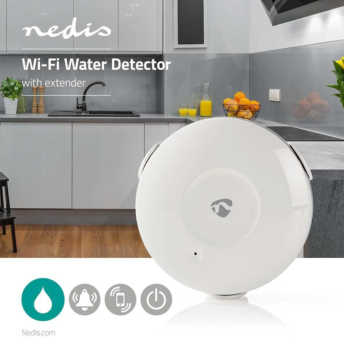 Nedis WiFi vandens detektorius (WIFIDW10WT) [maitinamas baterijomis, nereikia šakotuvo, garso įspėjimas, tiesioginis pranešimas)
